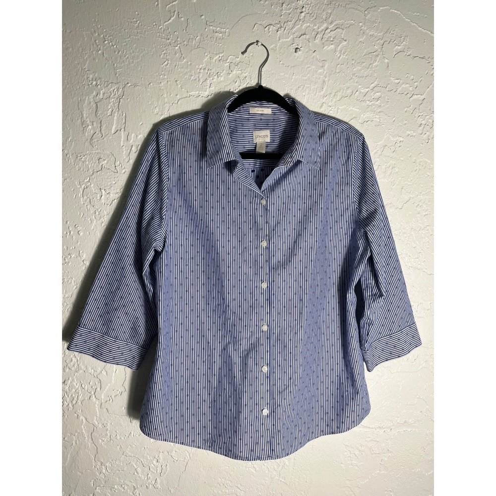 Chico's Women's Size 2 Blue White Striped Embroidered Button Down Shirt 3/4 Slee